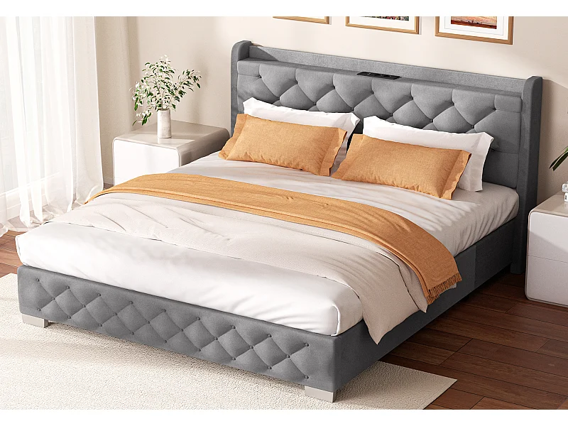 Hiazurm lit coffre 140x200 cm - Lit avec 680L d'Espace de Rangement - Tête de Lit Rembourrée en Velours - Éclairage LED RGB avec 64 Couleurs