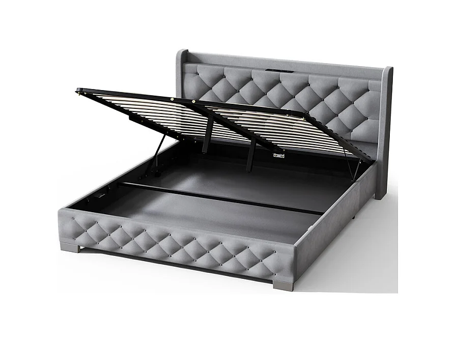 Hiazurm Boxspring 140x200 cm - Lit avec 680L d'Espace de Rangement - Tête de Lit Rembourrée en Velours - Éclairage LED RGB avec 64 Couleurs