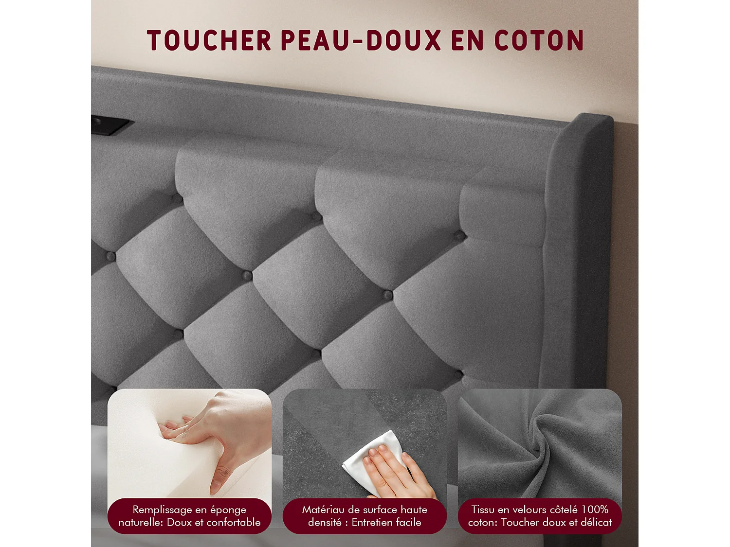 Hiazurm Boxspring 140x200 cm - Lit avec 680L d'Espace de Rangement - Tête de Lit Rembourrée en Velours - Éclairage LED RGB avec 64 Couleurs