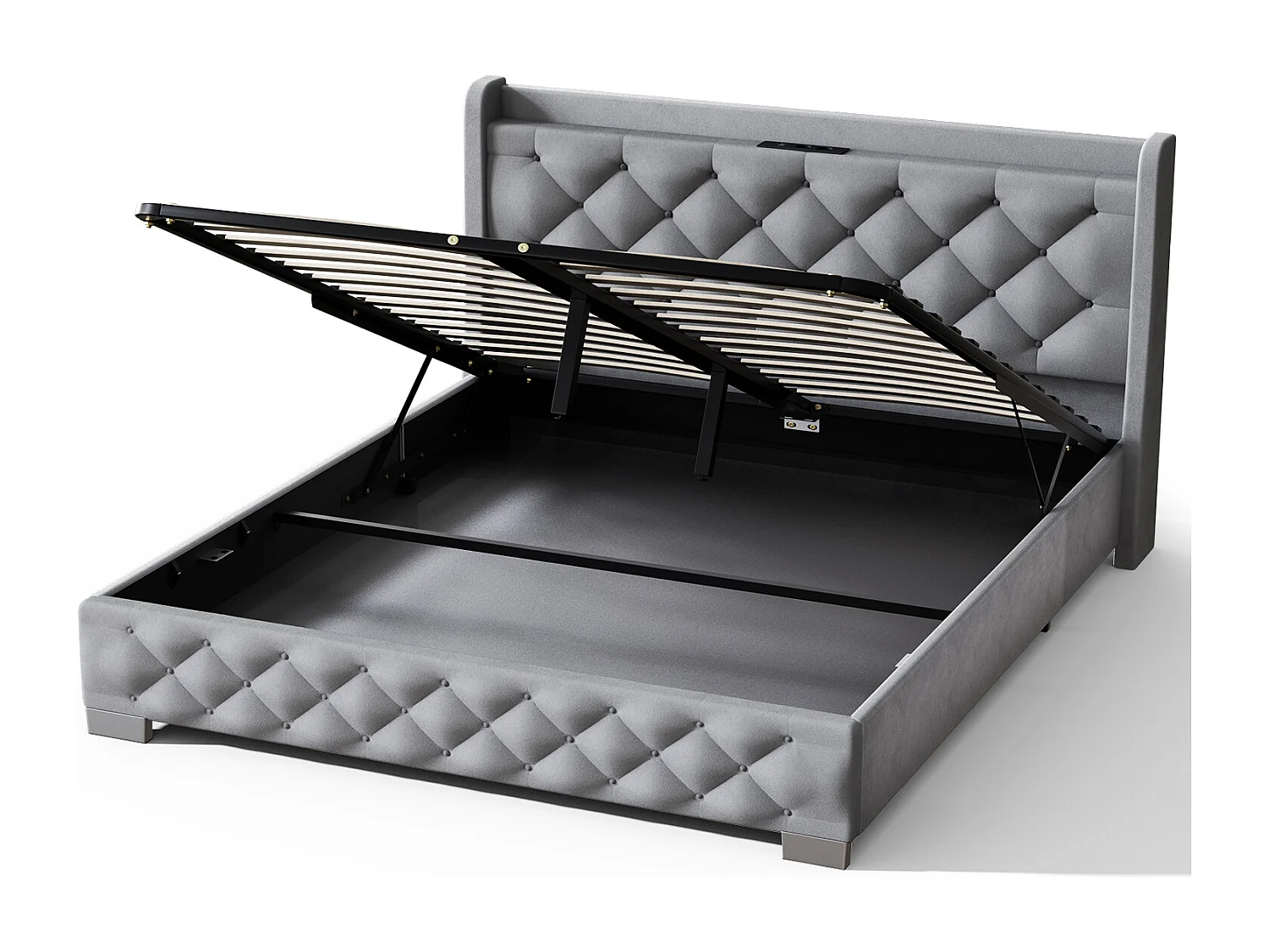 Hiazurm lit coffre 140x200 cm - Lit avec 680L d'Espace de Rangement - Tête de Lit Rembourrée en Velours - Éclairage LED RGB avec 64 Couleurs