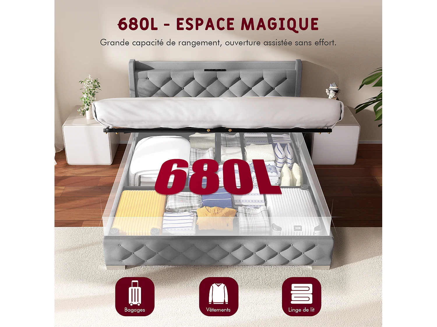 Hiazurm lit coffre 140x200 cm - Lit avec 680L d'Espace de Rangement - Tête de Lit Rembourrée en Velours - Éclairage LED RGB avec 64 Couleurs