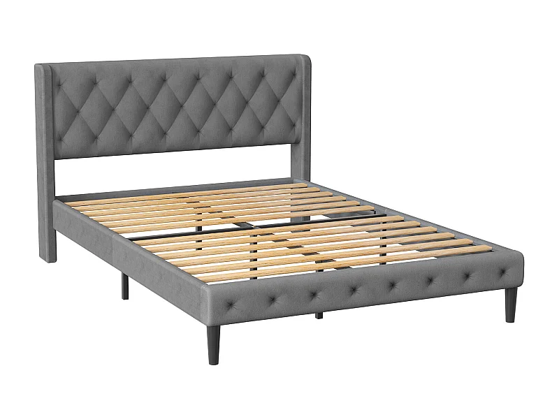 Hiazurm Lit - Lit Double 140x200 cm - Avec Tête de Lit en Velours de Luxe - Cadre en Acier Renforcé - Sommier à Lattes en Bois Massif