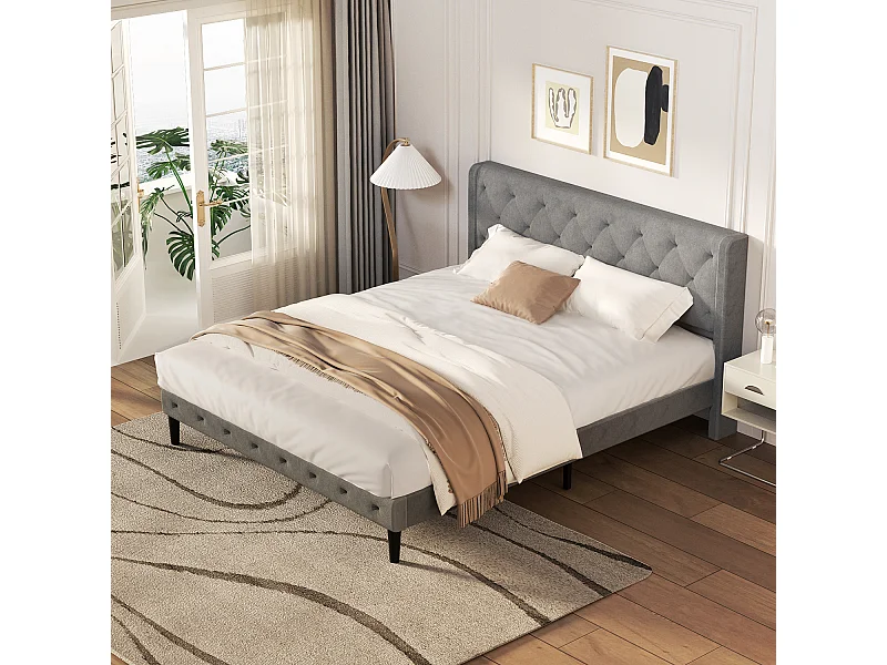 Hiazurm Lit - Lit Double 140x200 cm - Avec Tête de Lit en Velours de Luxe - Cadre en Acier Renforcé - Sommier à Lattes en Bois Massif