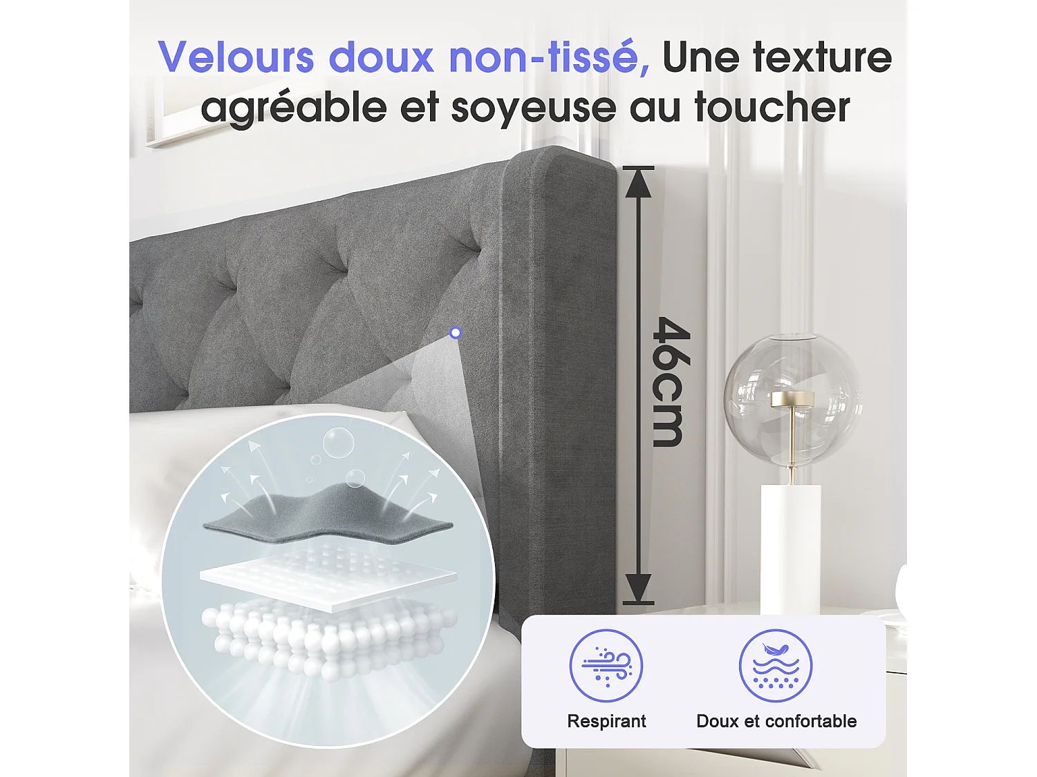 Hiazurm Lit - Lit Double 140x200 cm - Avec Tête de Lit en Velours de Luxe - Cadre en Acier Renforcé - Sommier à Lattes en Bois Massif