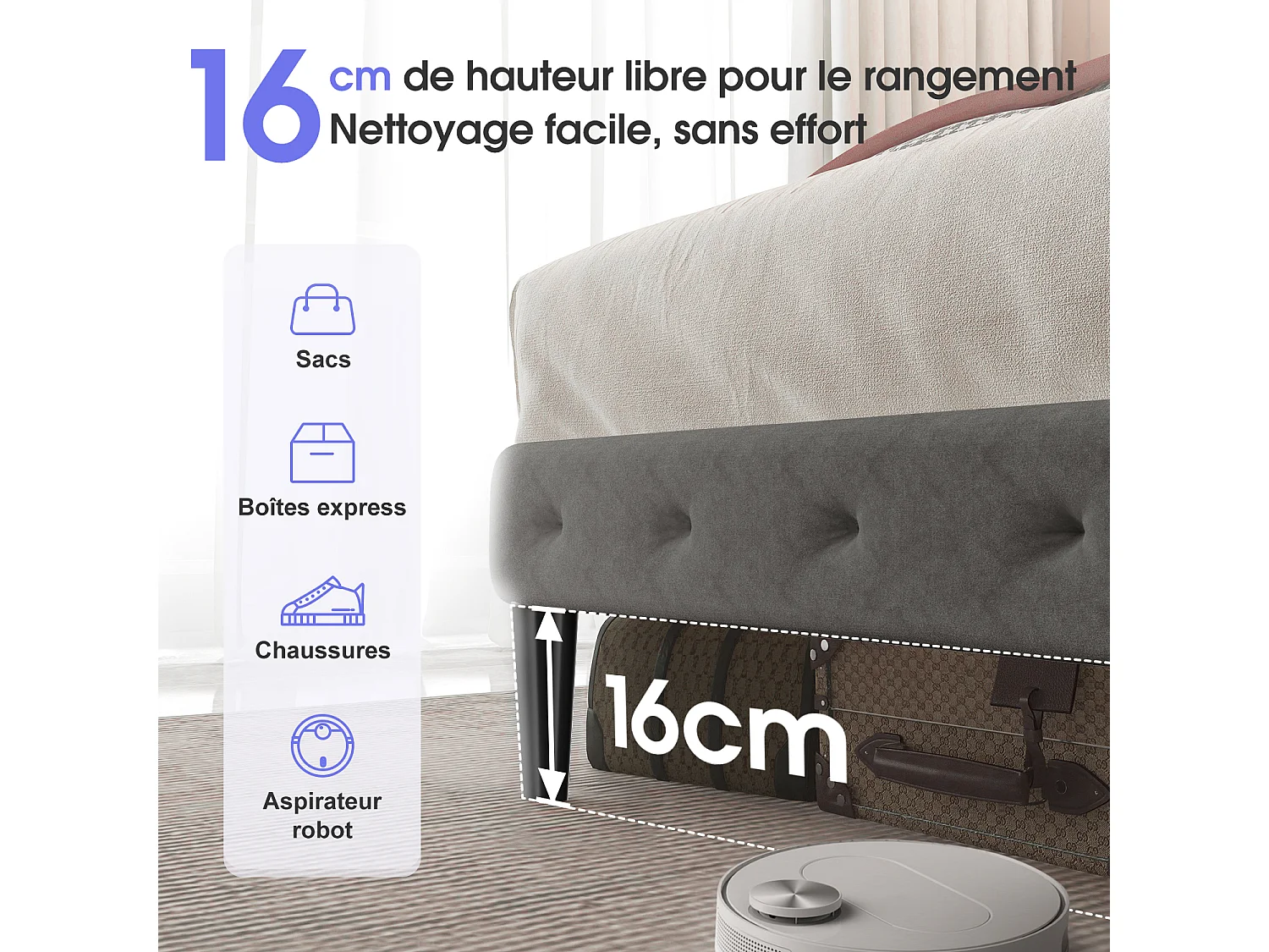 Hiazurm Lit - Lit Double 140x200 cm - Avec Tête de Lit en Velours de Luxe - Cadre en Acier Renforcé - Sommier à Lattes en Bois Massif