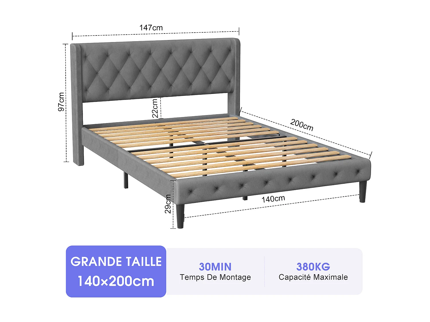 Hiazurm Lit - Lit Double 140x200 cm - Avec Tête de Lit en Velours de Luxe - Cadre en Acier Renforcé - Sommier à Lattes en Bois Massif