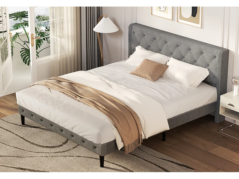 Hiazurm Lit - Lit Double 140x200 cm - Avec Tête de Lit en Velours de Luxe - Cadre en Acier Renforcé - Sommier à Lattes en Bois Massif