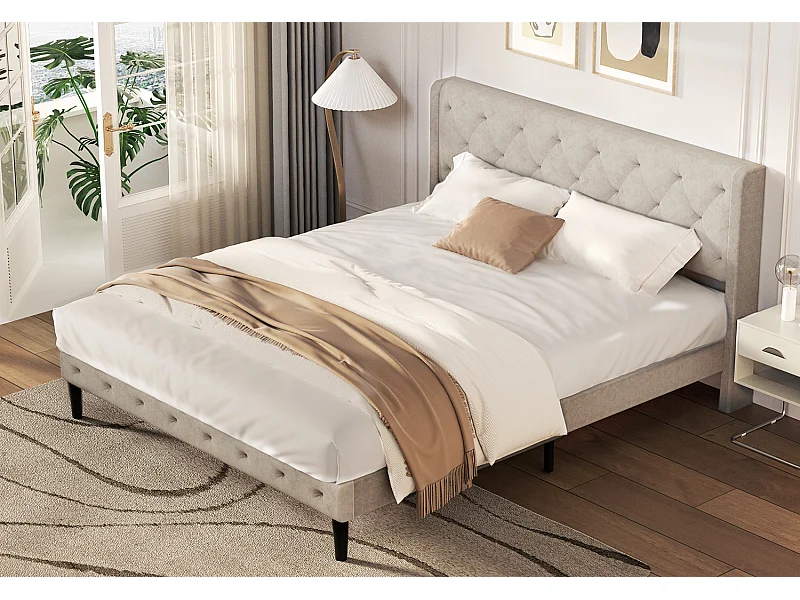 Hiazurm Lit - Lit Double 140x200 cm - Avec Tête de Lit en Velours de Luxe - Cadre en Acier Renforcé - Sommier à Lattes en Bois Massif