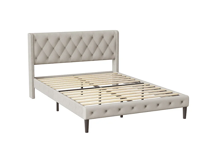 Hiazurm Lit - Lit Double 140x200 cm - Avec Tête de Lit en Velours de Luxe - Cadre en Acier Renforcé - Sommier à Lattes en Bois Massif