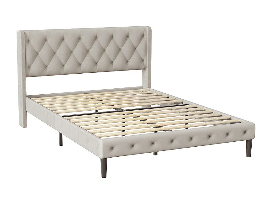 Hiazurm Lit - Lit Double 140x200 cm - Avec Tête de Lit en Velours de Luxe - Cadre en Acier Renforcé - Sommier à Lattes en Bois Massif