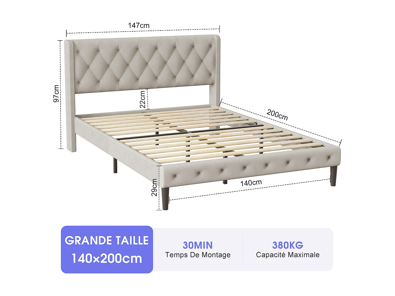 Hiazurm Lit - Lit Double 140x200 cm - Avec Tête de Lit en Velours de Luxe - Cadre en Acier Renforcé - Sommier à Lattes en Bois Massif