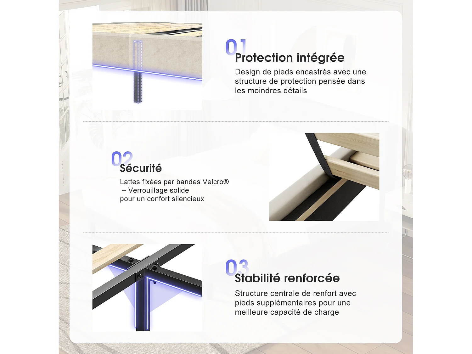 Hiazurm Lit - Lit Double 140x200 cm - Avec Tête de Lit en Velours de Luxe - Cadre en Acier Renforcé - Sommier à Lattes en Bois Massif