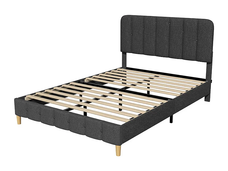 Hiazurm Lit - Lit Double 140x200 cm - Avec Tête de Lit en Toile Grise - Cadre en Acier Renforcé - Sommier à Lattes en Bois Massif