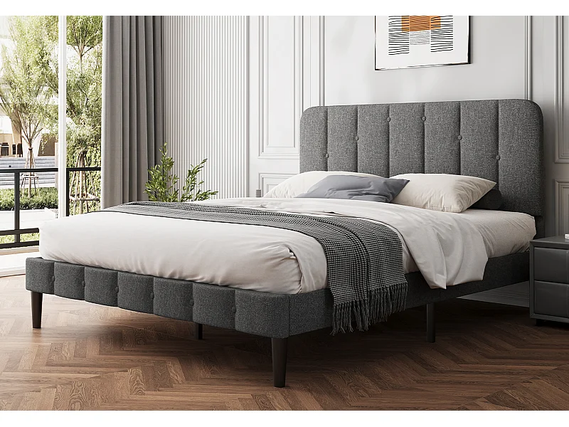 Hiazurm Lit - Lit Double 140x200 cm - Avec Tête de Lit en Toile Grise - Cadre en Acier Renforcé - Sommier à Lattes en Bois Massif