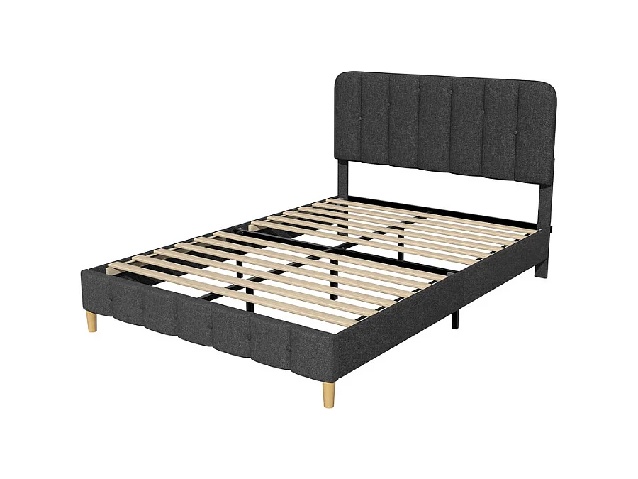 Hiazurm Lit - Lit Double 140x200 cm - Avec Tête de Lit en Toile Grise - Cadre en Acier Renforcé - Sommier à Lattes en Bois Massif