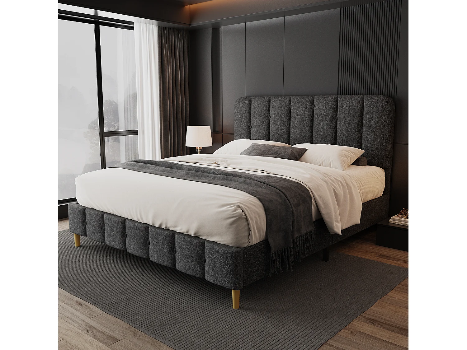 Hiazurm Lit - Lit Double 140x200 cm - Avec Tête de Lit en Toile Grise - Cadre en Acier Renforcé - Sommier à Lattes en Bois Massif