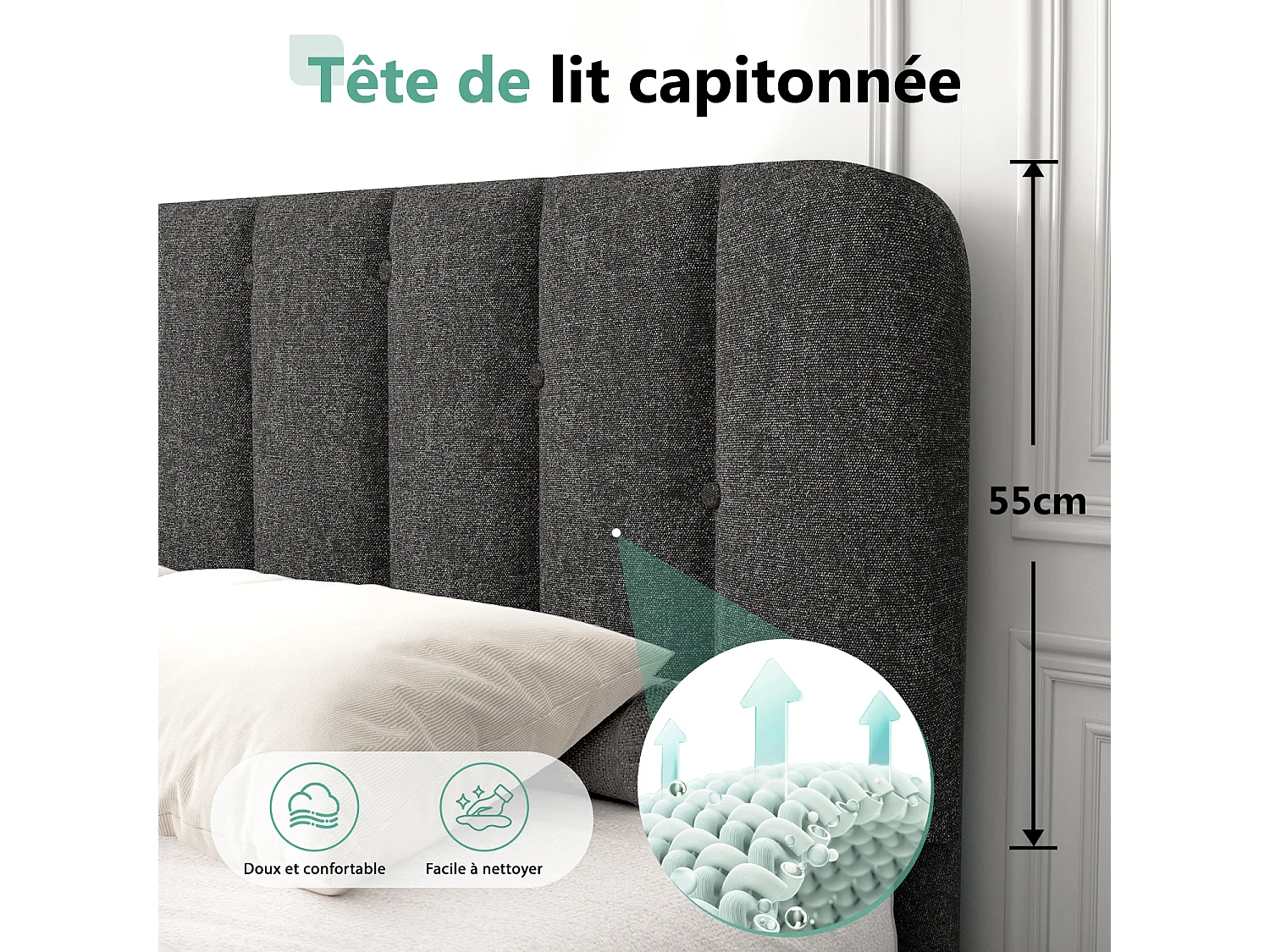 Hiazurm Lit - Lit Double 140x200 cm - Avec Tête de Lit en Toile Grise - Cadre en Acier Renforcé - Sommier à Lattes en Bois Massif