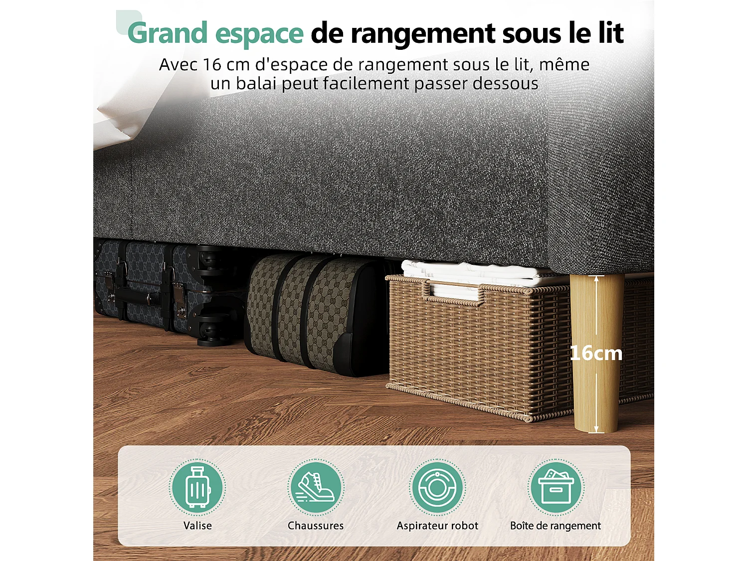 Hiazurm Lit - Lit Double 140x200 cm - Avec Tête de Lit en Toile Grise - Cadre en Acier Renforcé - Sommier à Lattes en Bois Massif