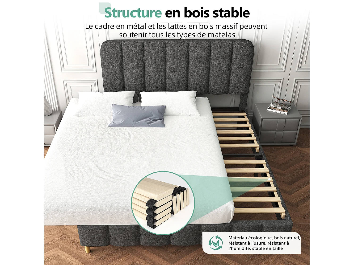 Hiazurm Lit - Lit Double 140x200 cm - Avec Tête de Lit en Toile Grise - Cadre en Acier Renforcé - Sommier à Lattes en Bois Massif