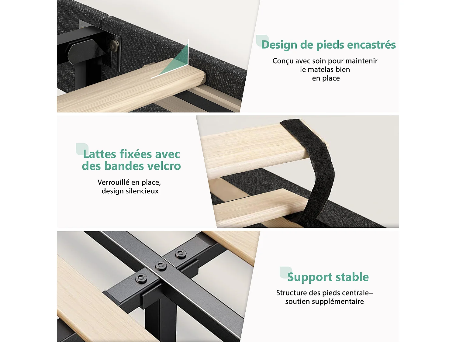 Hiazurm Lit - Lit Double 140x200 cm - Avec Tête de Lit en Toile Grise - Cadre en Acier Renforcé - Sommier à Lattes en Bois Massif