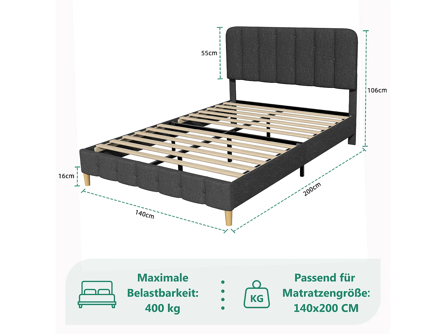 Hiazurm Lit - Lit Double 140x200 cm - Avec Tête de Lit en Toile Grise - Cadre en Acier Renforcé - Sommier à Lattes en Bois Massif