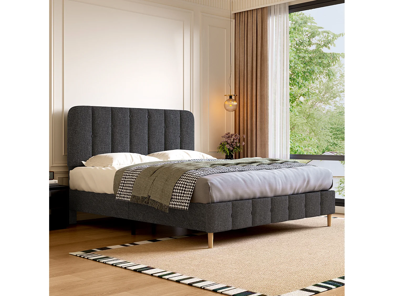 Hiazurm Lit - Lit Double 140x200 cm - Avec Tête de Lit en Toile Grise - Cadre en Acier Renforcé - Sommier à Lattes en Bois Massif