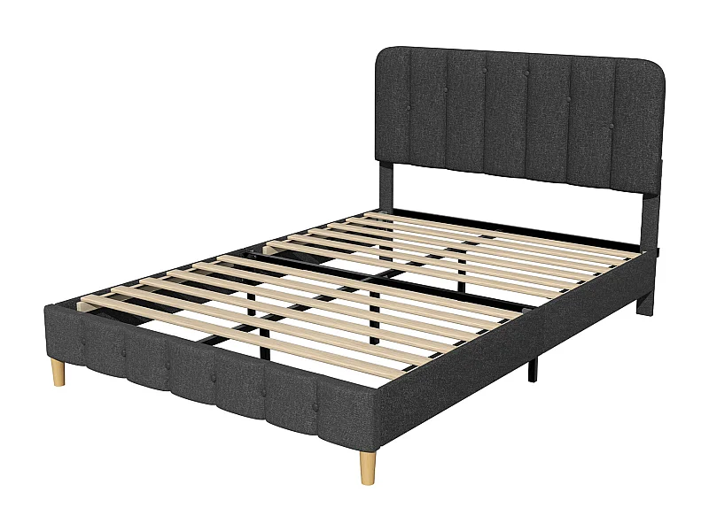 Hiazurm Lit - Lit Double 140x200 cm - Avec Tête de Lit en Toile Grise - Cadre en Acier Renforcé - Sommier à Lattes en Bois Massif