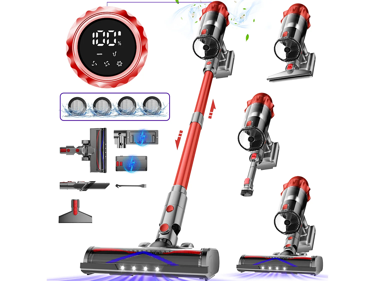 Hiazurm Aspirateur Sans Fil - Aspirateur à Main 65000Pa - 3 Niveaux de Puissance d'Aspiration - Écran LED - Autonomie de 20 à 70 Minutes - 1,8L