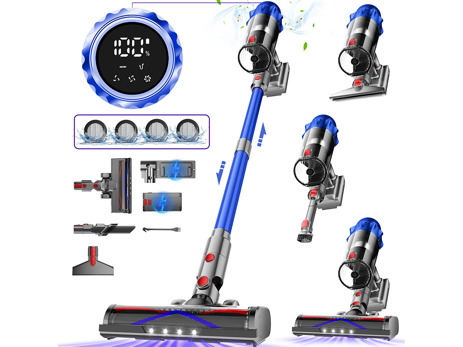 Hiazurm Aspirateur Sans Fil - Aspirateur à Main 65000Pa - 3 Niveaux de Puissance d'Aspiration - Écran LED - Autonomie de 20 à 70 Minutes - 1,8L