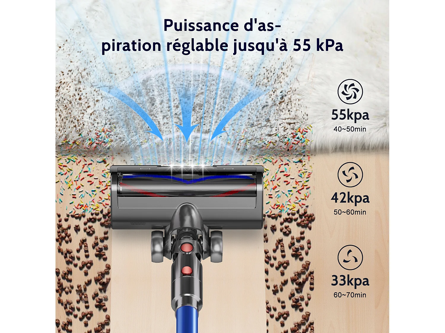 Hiazurm Aspirateur Sans Fil - Aspirateur à Main 65000Pa - 3 Niveaux de Puissance d'Aspiration - Écran LED - Autonomie de 20 à 70 Minutes - 1,8L