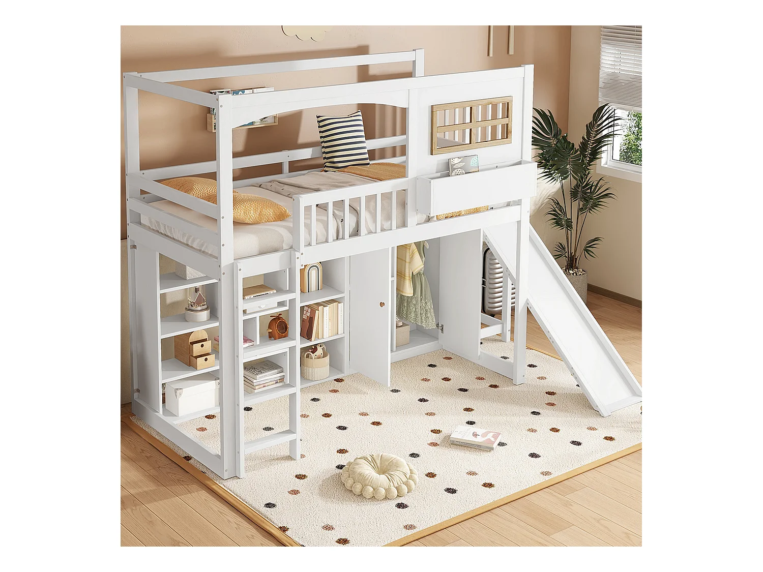 Etagenbett, Kinderbett, mit Fallschutzgitter, mit Kinderrutsche und Kleiderschrank