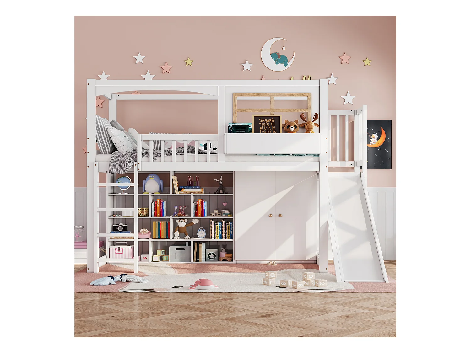 Etagenbett, Kinderbett, mit Fallschutzgitter, mit Kinderrutsche und Kleiderschrank