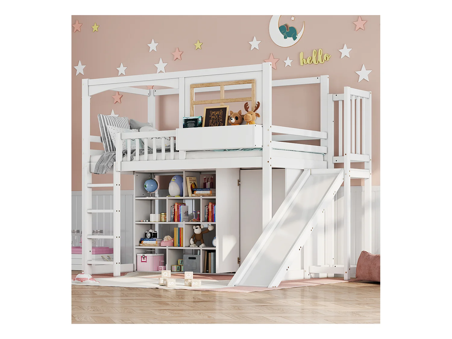 Etagenbett, Kinderbett, mit Fallschutzgitter, mit Kinderrutsche und Kleiderschrank