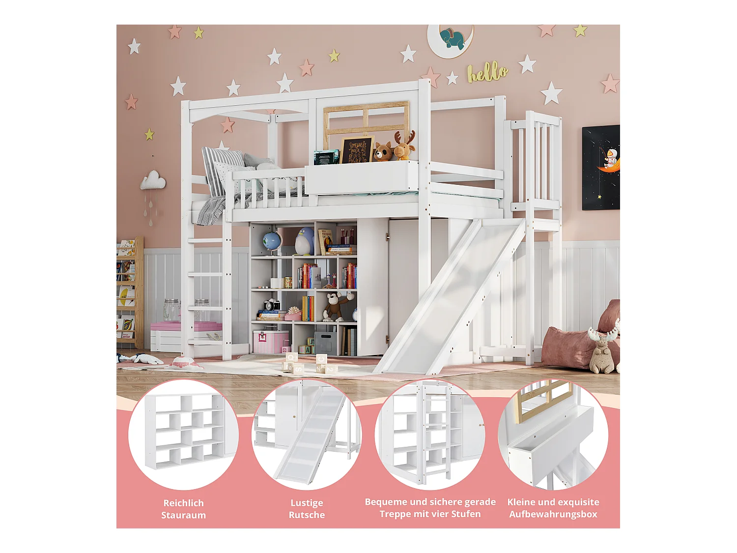 Etagenbett, Kinderbett, mit Fallschutzgitter, mit Kinderrutsche und Kleiderschrank