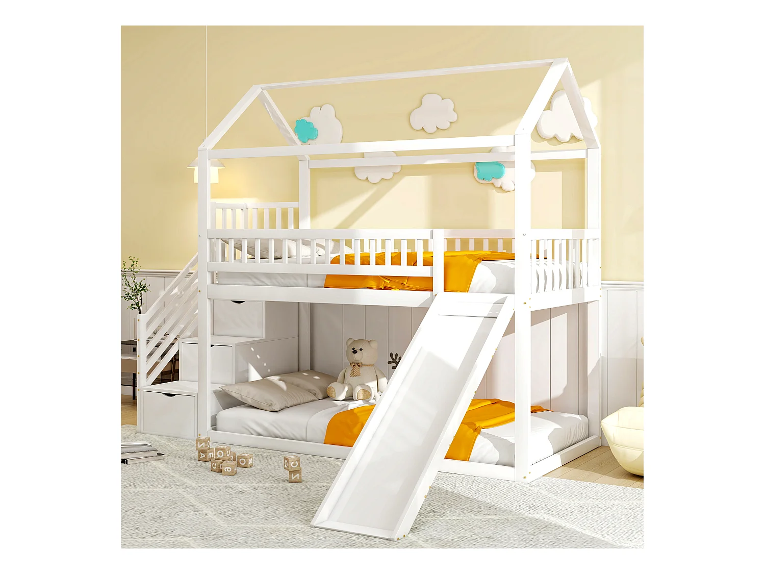 Letto a castello per bambini 90 x 200 cm, letto a soppalco con scivolo e scaletta portaoggetti