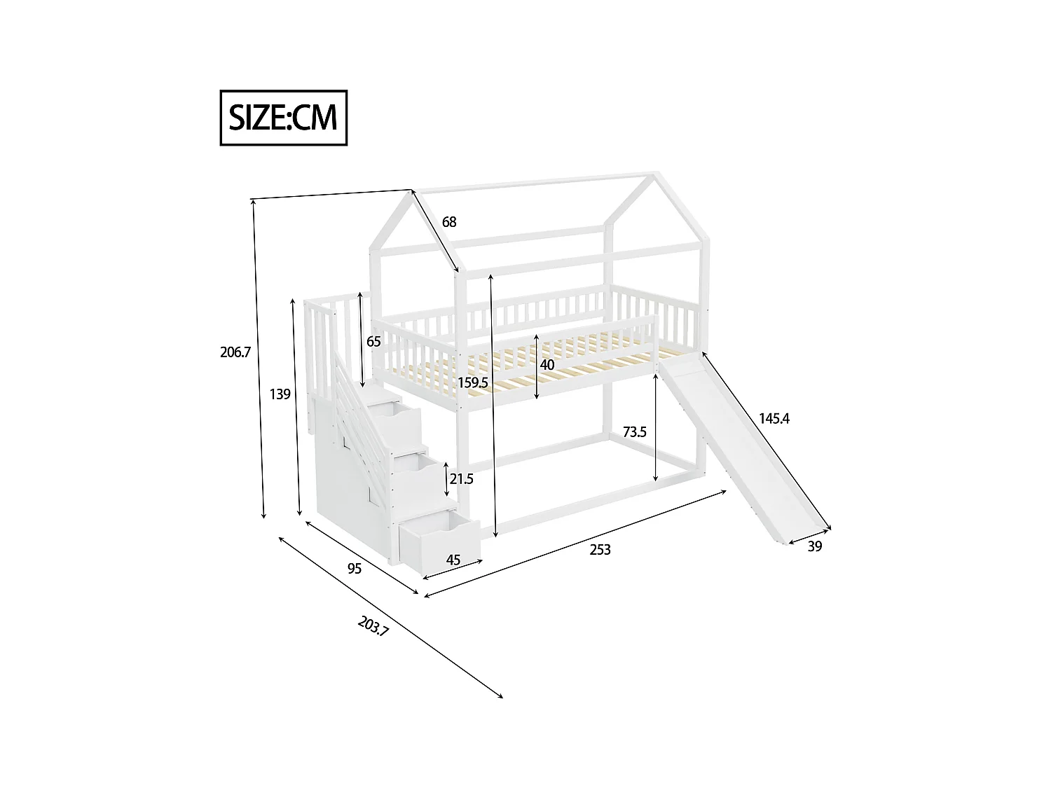 Letto a castello per bambini 90 x 200 cm, letto a soppalco con scivolo e scaletta portaoggetti