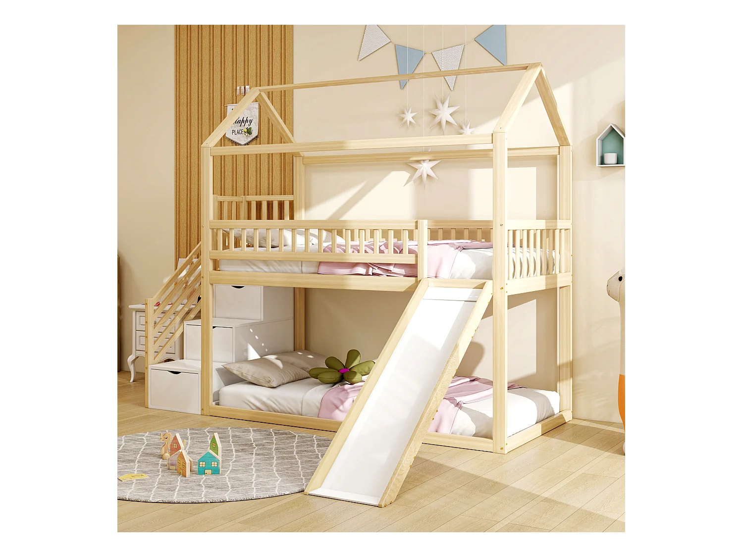 Kinderetagenbett 90*200 cm, Hochbett, mit Rutsche und Stauraumleiter