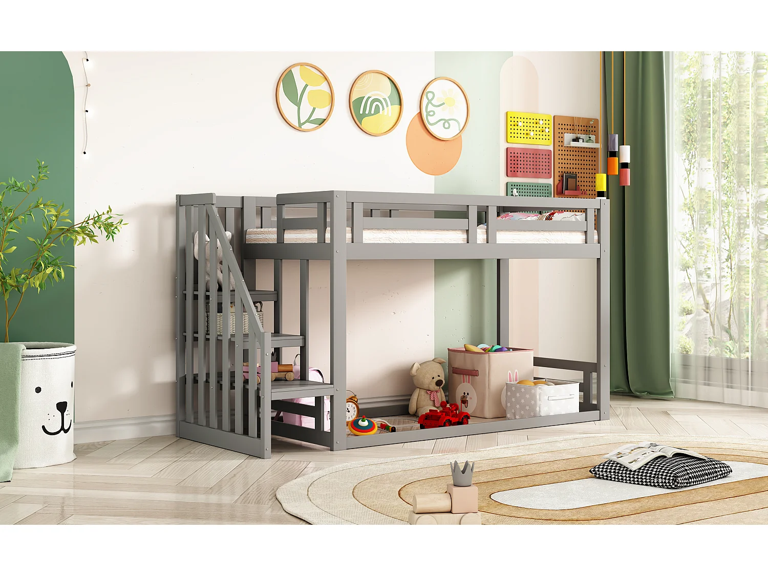 Cama infantil 90 x 200 cm, beliche baixo com escada de segurança