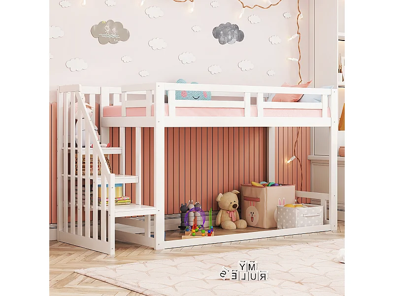 Letto per bambini 90 x 200 cm, letto a castello basso con scaletta di sicurezza