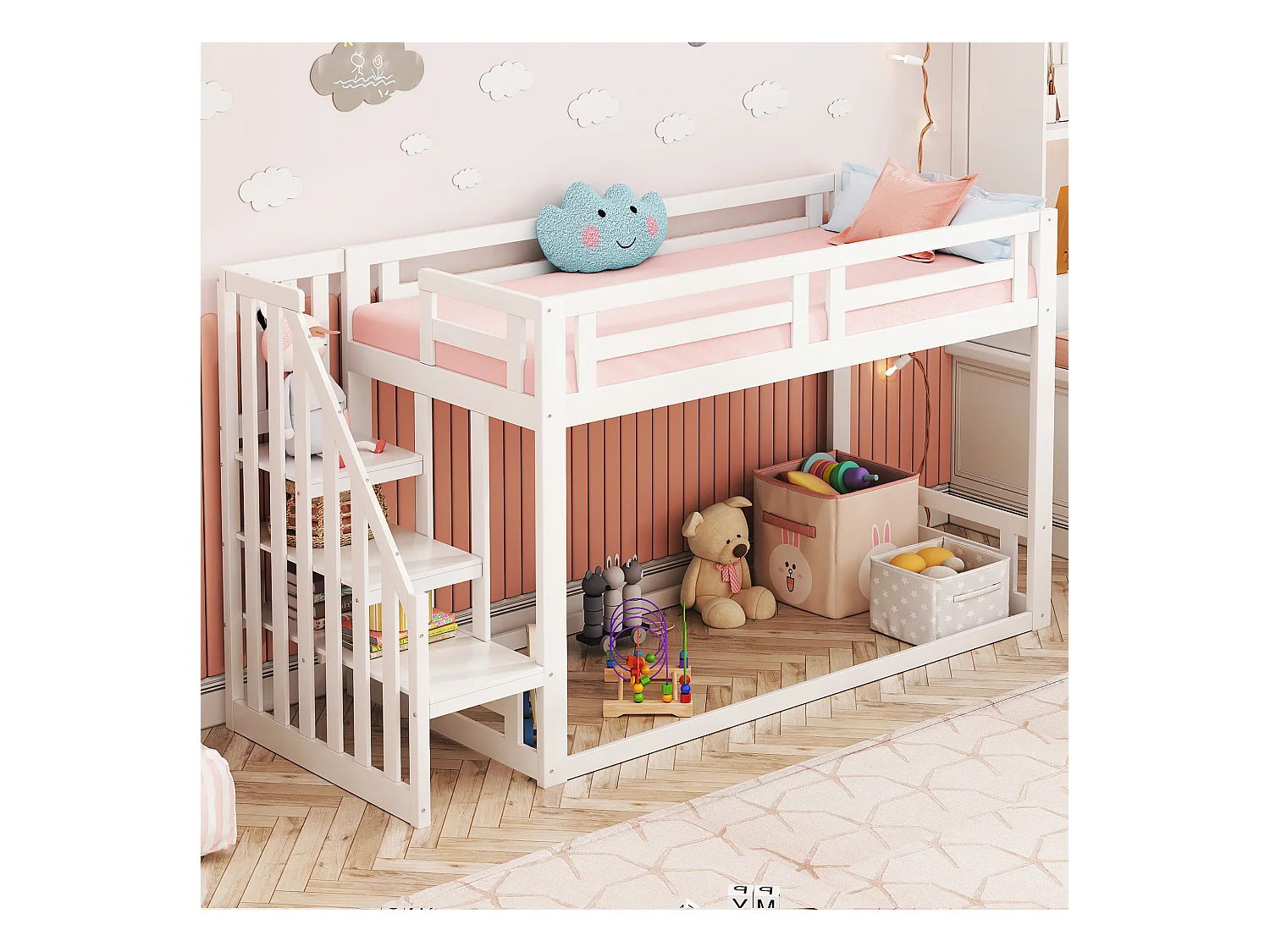 Letto per bambini 90 x 200 cm, letto a castello basso con scaletta di sicurezza