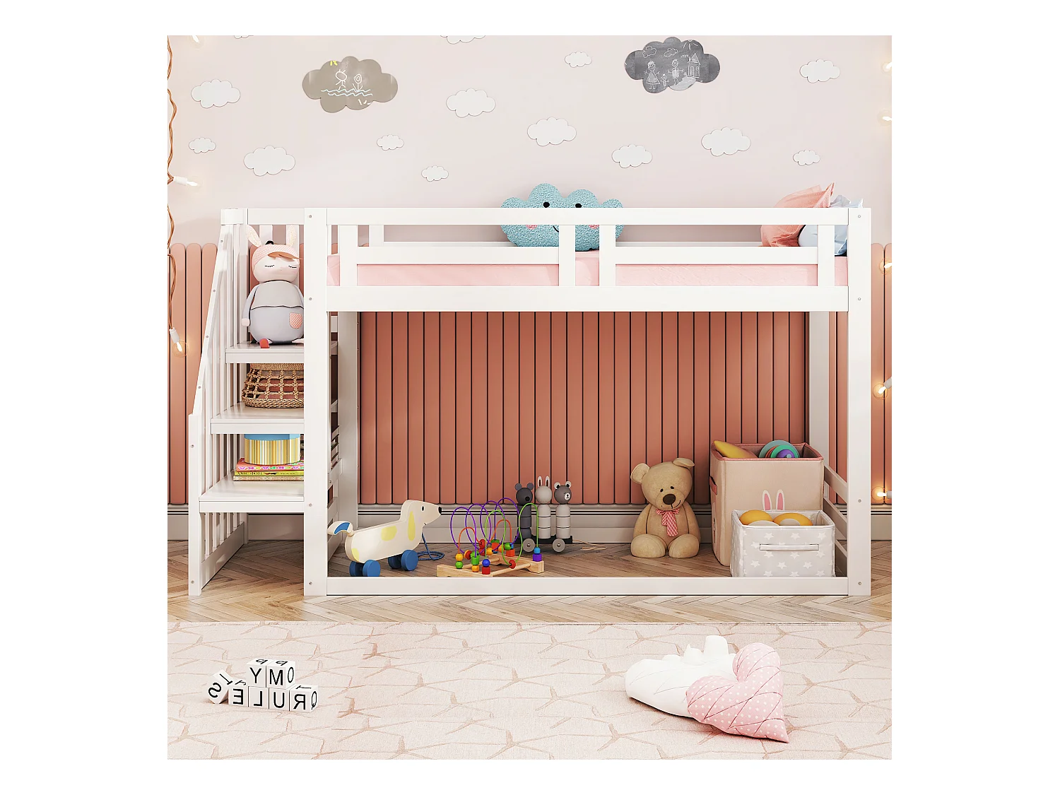 Letto per bambini 90 x 200 cm, letto a castello basso con scaletta di sicurezza