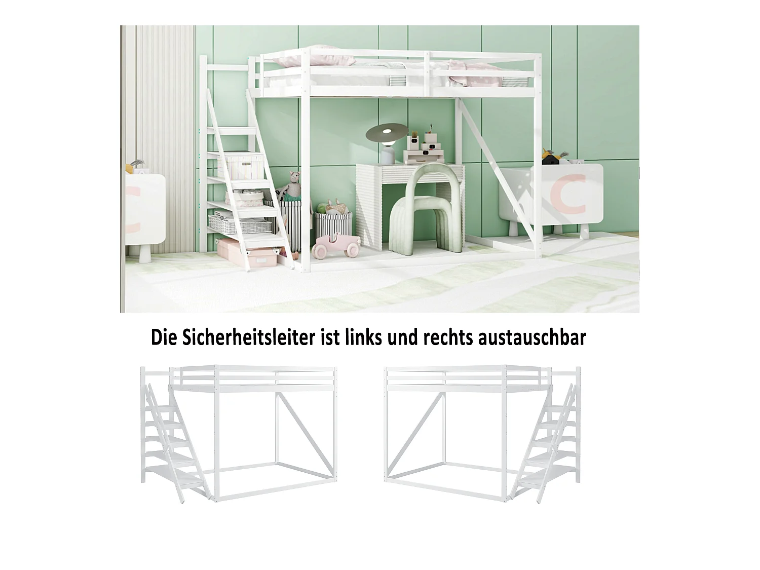 Cama alta infantil de 140 x 200 cm con escalera de seguridad