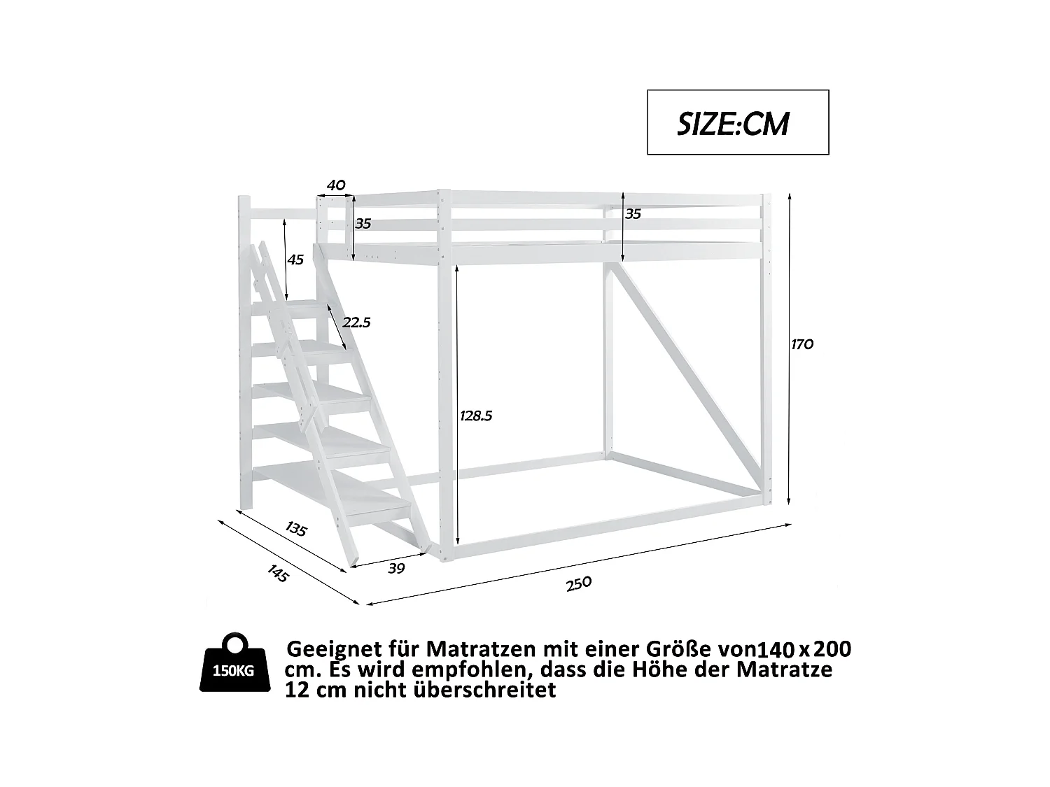 Cama alta infantil de 140 x 200 cm con escalera de seguridad