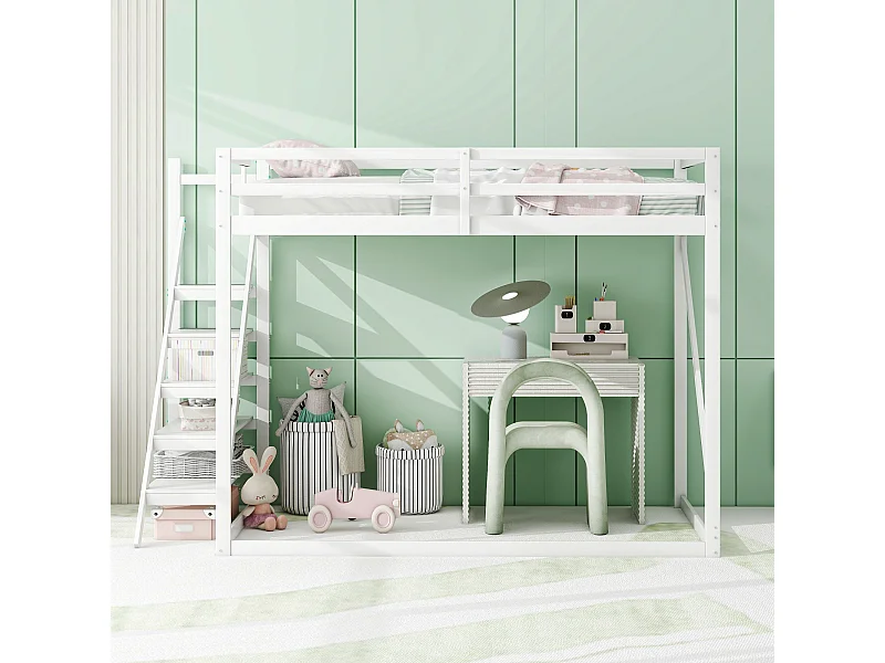 Cama alta infantil de 140 x 200 cm con escalera de seguridad