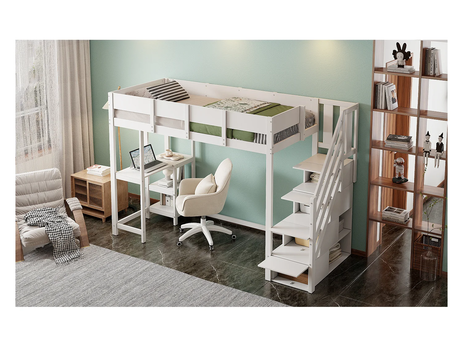 Letto a castello multifunzionale con spazio contenitore, letto a soppalco con ripiano