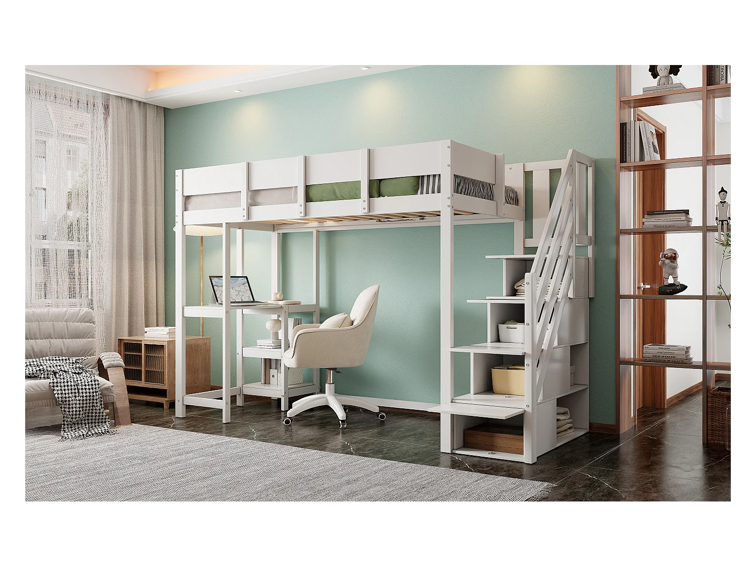 Letto a castello multifunzionale con spazio contenitore, letto a soppalco con ripiano