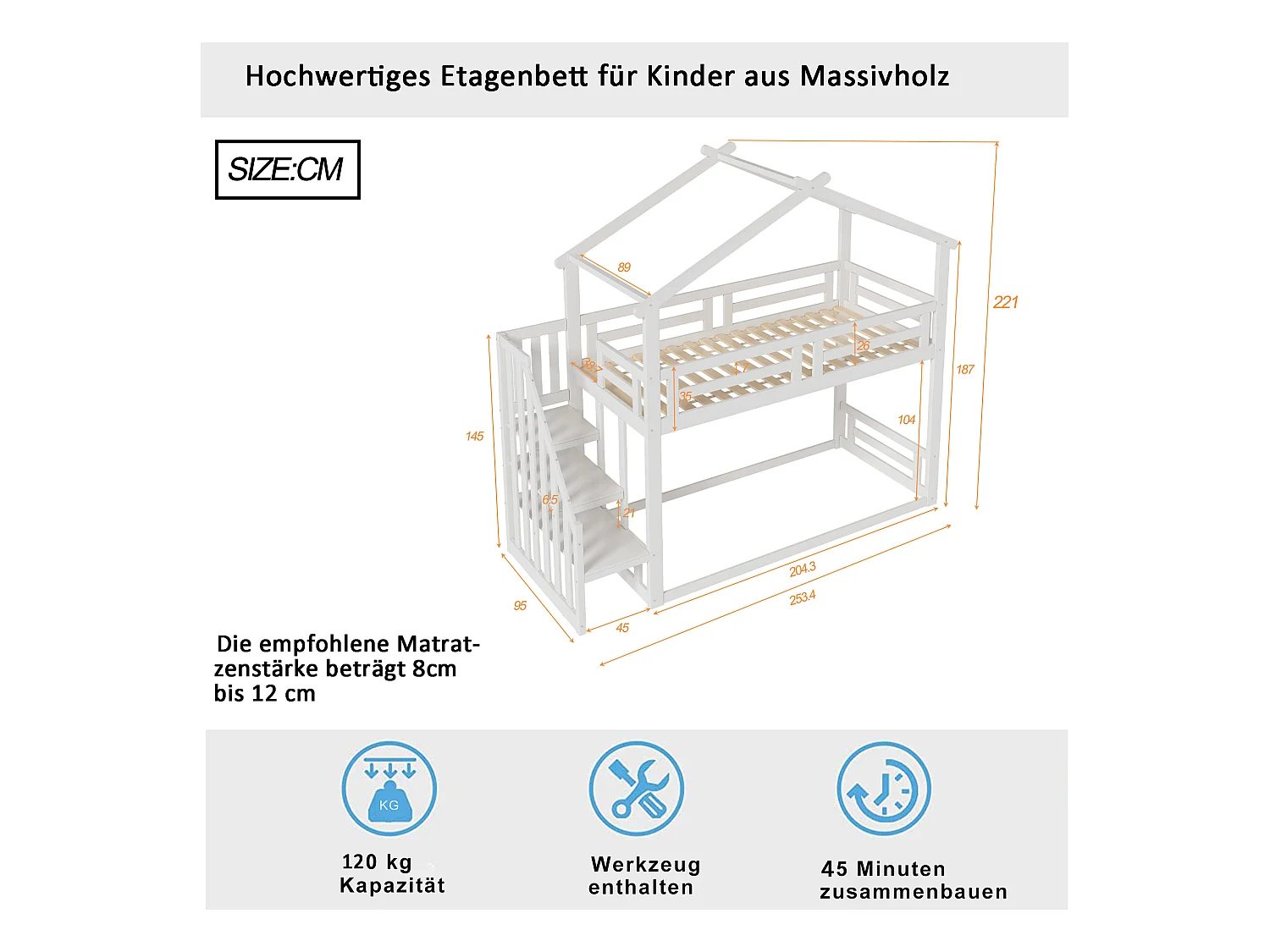 Kinderbett 90*200cm, Niedriges Etagenbett mit Sicherheitstreppe, weiß