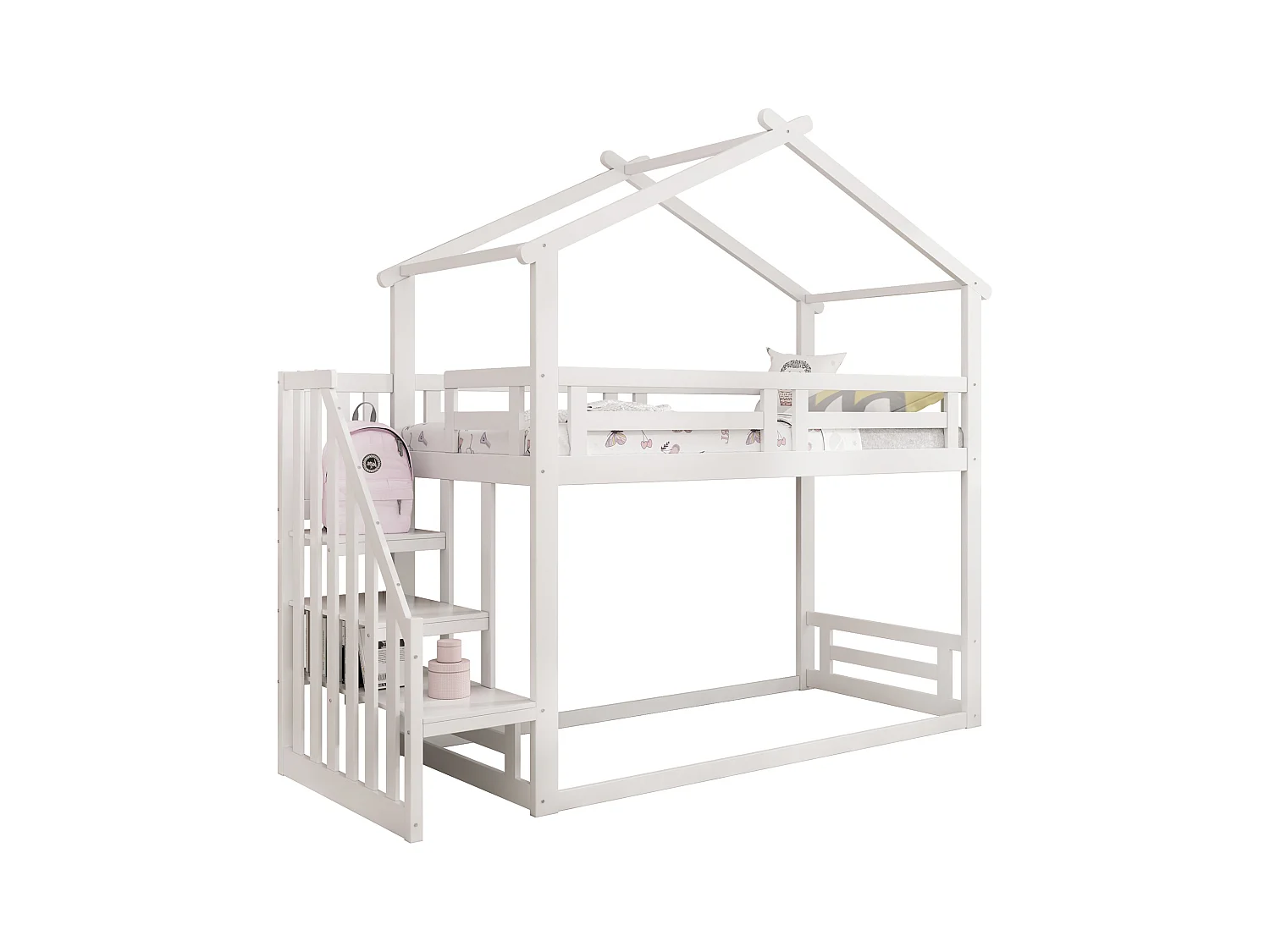 Kinderbett 90*200cm, Niedriges Etagenbett mit Sicherheitstreppe, weiß