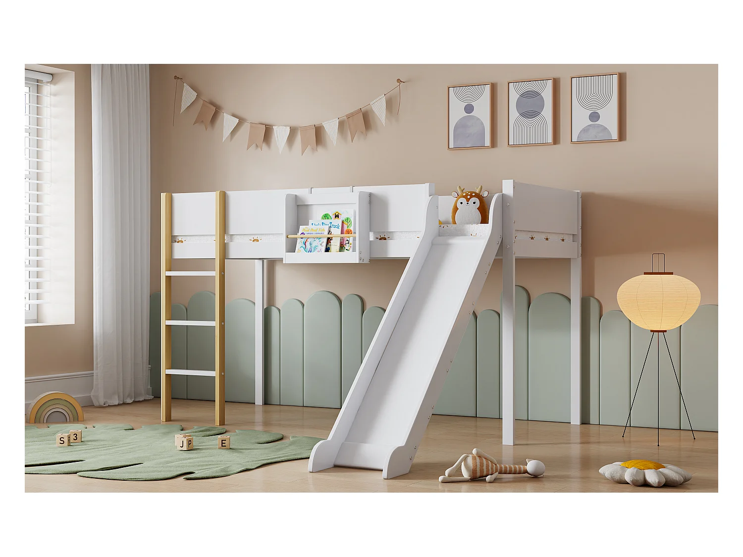 Cama tipo altillo, litera con escalera recta de tres peldaños, cama infantil