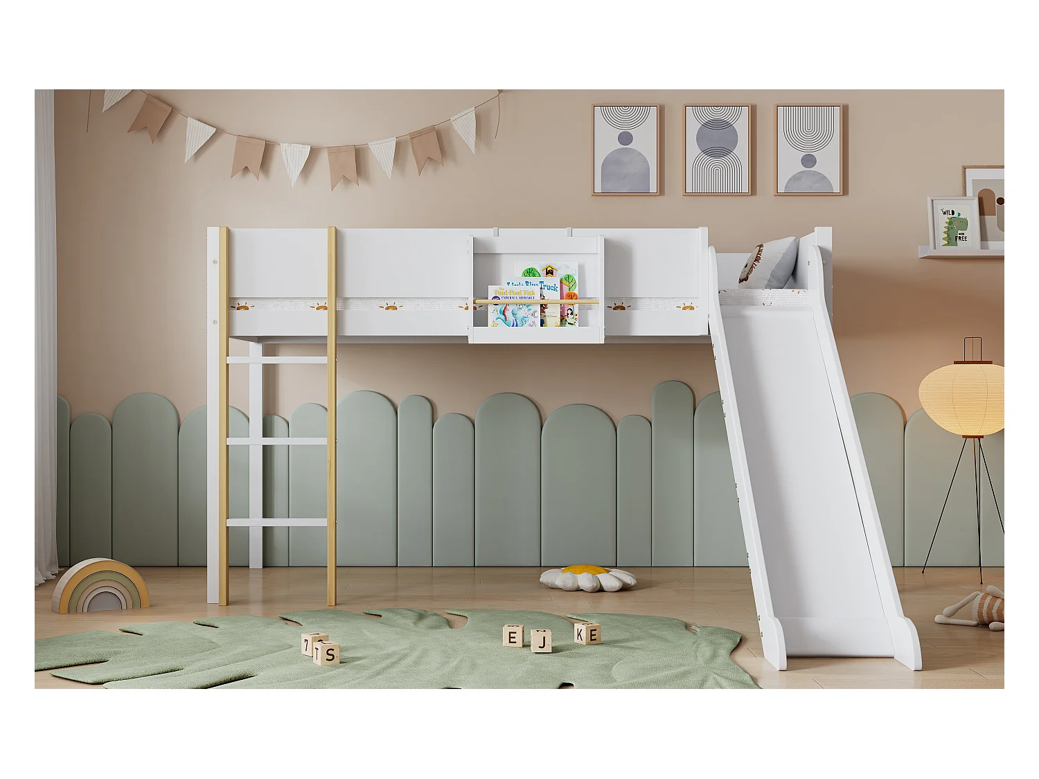 Cama tipo altillo, litera con escalera recta de tres peldaños, cama infantil